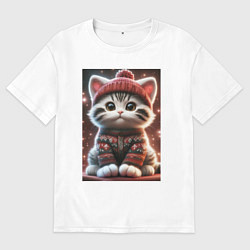 Футболка оверсайз мужская Котенок в свитере, цвет: белый
