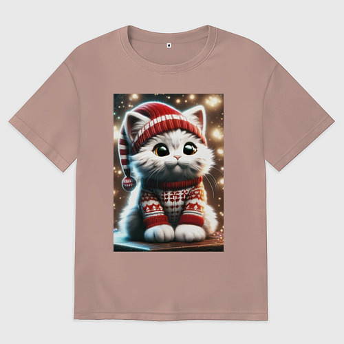 Мужская футболка оверсайз Котик в новогоднем свитере / Пыльно-розовый – фото 1