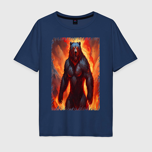 Мужская футболка оверсайз Медведь грозный рычит / Тёмно-синий – фото 1