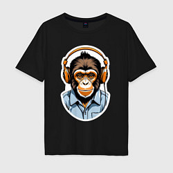 Футболка оверсайз мужская Портрет обезьяны в наушниках, цвет: черный