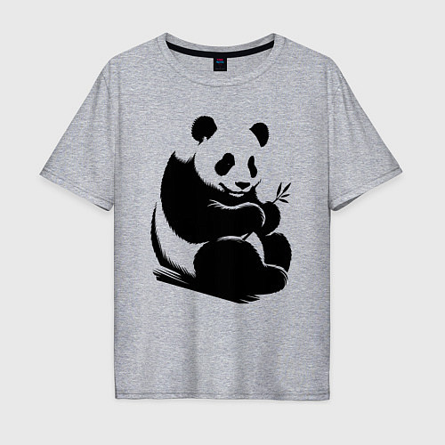 Мужская футболка оверсайз Сидящая чёрная панда с бамбуком / Меланж – фото 1