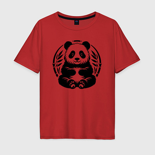 Мужская футболка оверсайз Сидящая чёрная панда в позе лотоса / Красный – фото 1