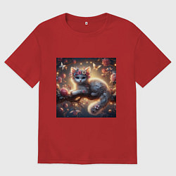 Футболка оверсайз мужская Сказочный белый кот на дереве с цветами, цвет: красный