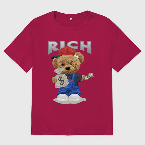 Мужская футболка оверсайз Плюшевый медведь с мешком денег / Маджента – фото 1