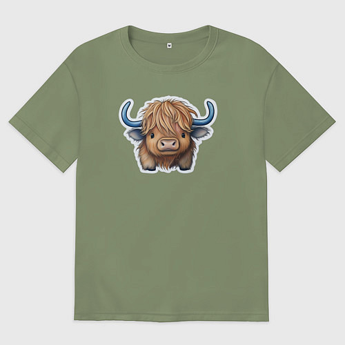 Мужская футболка оверсайз Шотландский волосатый бык / Авокадо – фото 1
