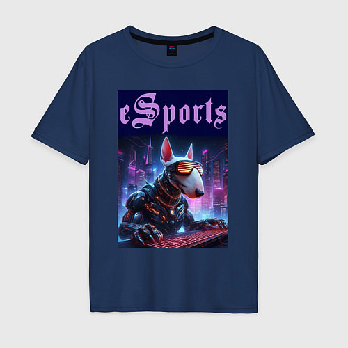 Мужская футболка оверсайз Cyber bull terrier - esports / Тёмно-синий – фото 1