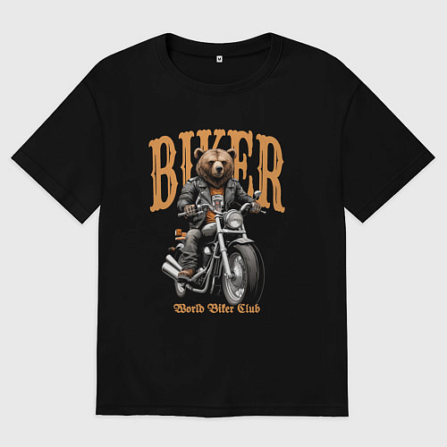 Мужская футболка оверсайз Байкер медведь на мотоцикле / Черный – фото 1