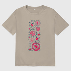 Мужская футболка оверсайз Славянские символы солнца круги и птицы