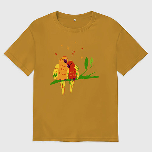 Мужская футболка оверсайз Пара влюбленных попугаев на ветке / Горчичный – фото 1