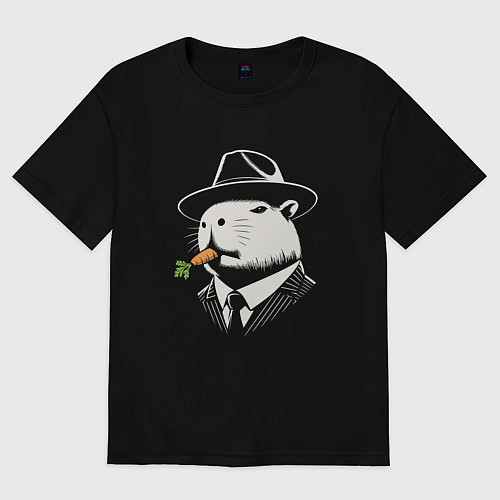 Мужская футболка оверсайз Капибара гангстер с морковкой / Черный – фото 1