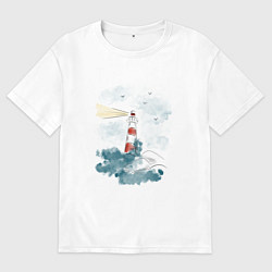 Мужская футболка оверсайз Маяк и волны - акварель