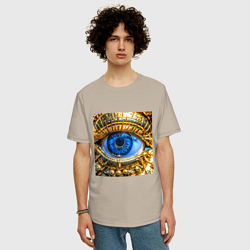 Мужская футболка оверсайз Глаз металлический голубой в стиле стимпанк / Миндальный – фото 3