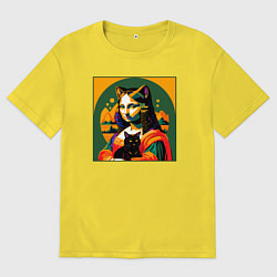 Футболка оверсайз мужская Мона Лиза с черным котиком, цвет: желтый