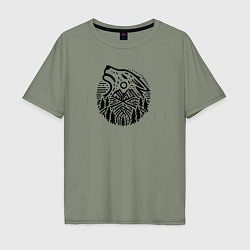 Мужская футболка оверсайз Голова воющего волка с горным пейзажем