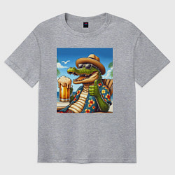 Мужская футболка оверсайз Чувак крокодил с пивом на пляже