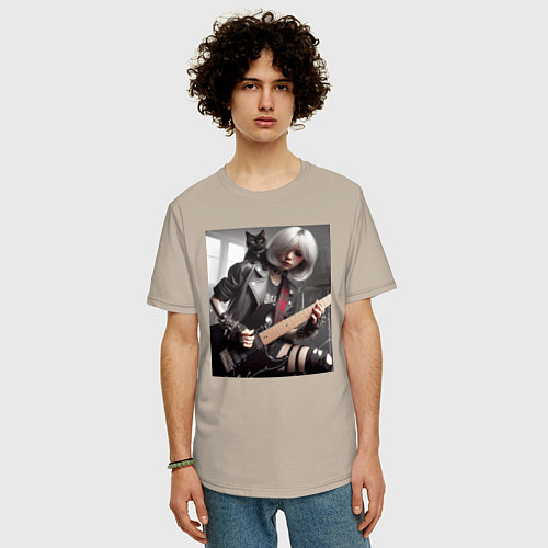 Мужская футболка оверсайз Девчонка рок гитарист с чёрным котом / Миндальный – фото 3
