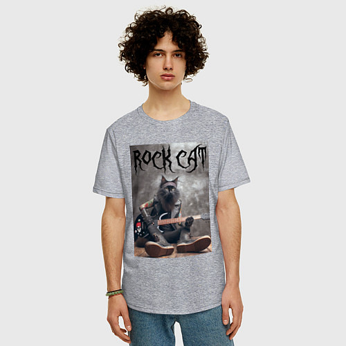 Мужская футболка оверсайз Rock cat - ai art / Меланж – фото 3