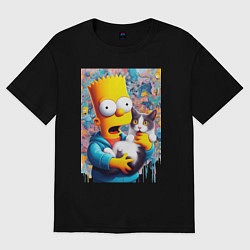 Футболка оверсайз мужская Bart Simpson with a kitten - ai art, цвет: черный