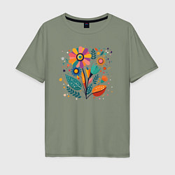 Мужская футболка оверсайз Яркий цветок, веточки и листья