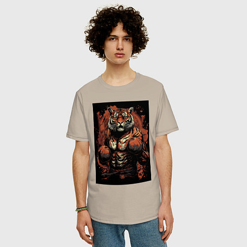 Мужская футболка оверсайз Тайский бокс тигр в стойке / Миндальный – фото 3