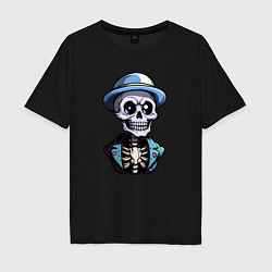 Мужская футболка оверсайз Скелет в синей шляпе