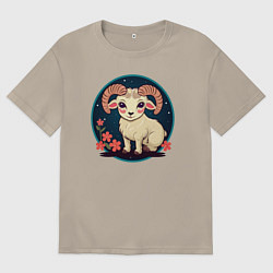 Мужская футболка оверсайз Барашек знак зодиака Овен на фоне цветов