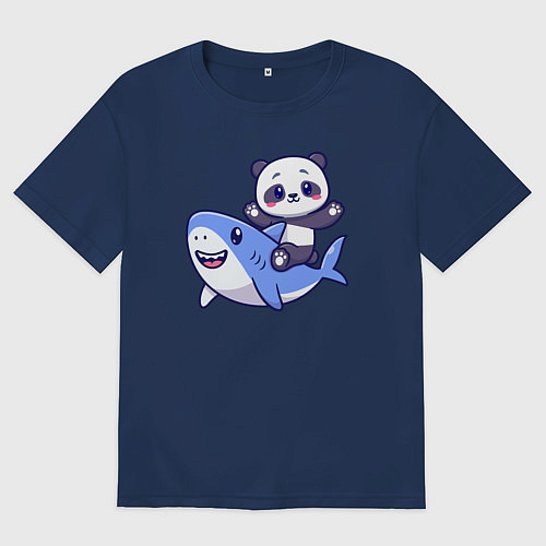 Мужская футболка оверсайз Панда и акула / Тёмно-синий – фото 1