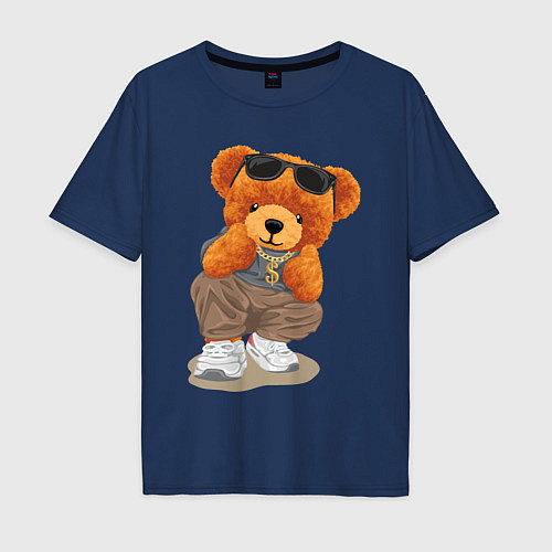 Мужская футболка оверсайз Плюшевый медведь в очках / Тёмно-синий – фото 1