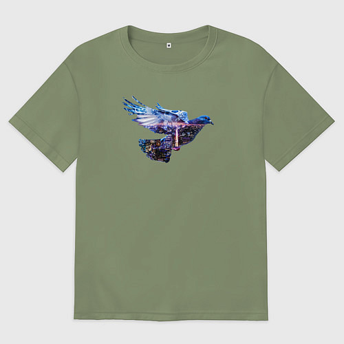 Мужская футболка оверсайз Голубь с ночным городом внутри / Авокадо – фото 1