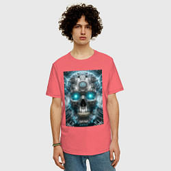 Футболка оверсайз мужская Electrified cyber skull - ai art fantasy, цвет: коралловый — фото 2