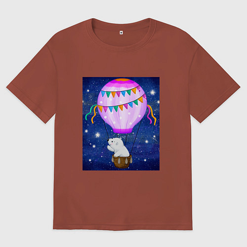 Мужская футболка оверсайз Белый медведь на воздушном шаре / Кирпичный – фото 1