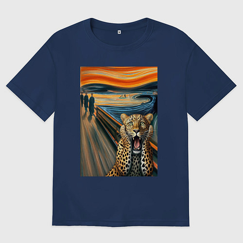Мужская футболка оверсайз Леопард кричит - мем картина от нейросети / Тёмно-синий – фото 1