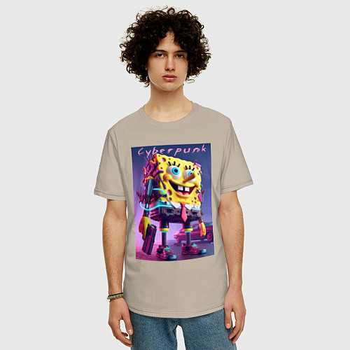 Мужская футболка оверсайз Sponge Bob with a pistol - cyberpunk ai art / Миндальный – фото 3