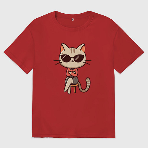 Мужская футболка оверсайз Деловая кошка босс в очках внимательно смотрит / Красный – фото 1