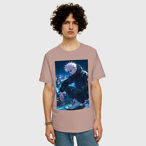 Мужская футболка оверсайз Магическая битва Сатору Годзё арт / Пыльно-розовый – фото 3