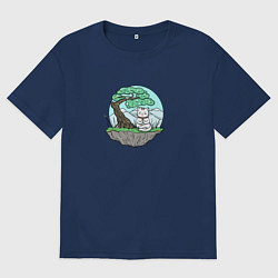 Футболка оверсайз мужская Японский кот в позе лотоса, цвет: тёмно-синий