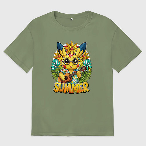 Мужская футболка оверсайз Пикачу с гитарой жаркое лето / Авокадо – фото 1