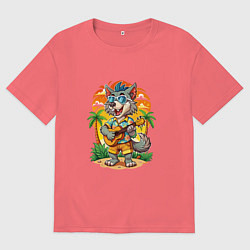 Мужская футболка оверсайз Волк с гитарой и жаркое лето