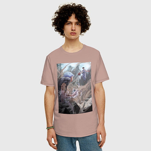 Мужская футболка оверсайз Магическая битва Сатору Годзё Сукуна Рёмэн / Пыльно-розовый – фото 3