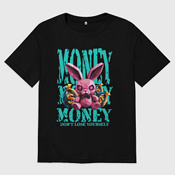 Футболка оверсайз мужская Розовый полигональный кролик с деньгами и глаз, цвет: черный