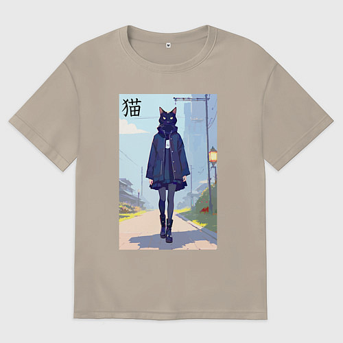 Мужская футболка оверсайз Чёрная кошечка на своём районе - нейросеть / Миндальный – фото 1