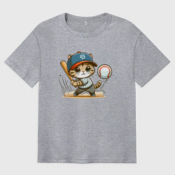 Мужская футболка оверсайз Котёнок крутой баттер бейсбольной команды - нейрос