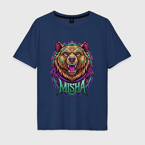 Мужская футболка оверсайз Свирепый медведь с надписью / Тёмно-синий – фото 1