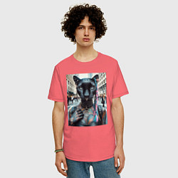 Футболка оверсайз мужская Пантера панк из Нью-Йорка - нейросеть, цвет: коралловый — фото 2