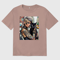 Мужская футболка оверсайз Девчонка панк в татухах с чёрным котом - нейросеть