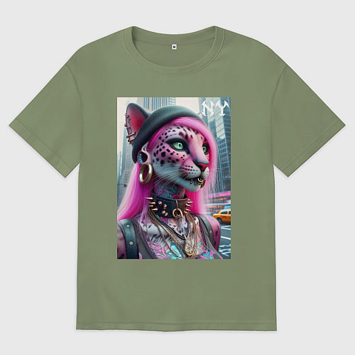 Мужская футболка оверсайз Панк девушка-леопард в татухах в Нью-Йорке / Авокадо – фото 1