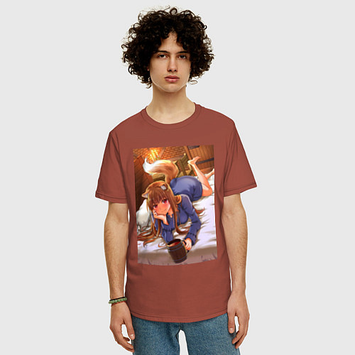 Мужская футболка оверсайз Волчица и пряности Холо с кружкой / Кирпичный – фото 3