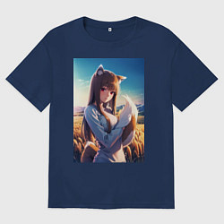 Футболка оверсайз мужская Волчица и пряности Холо в поле, цвет: тёмно-синий