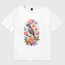 Футболка оверсайз мужская Птица Калипта Анны среди цветов, цвет: белый