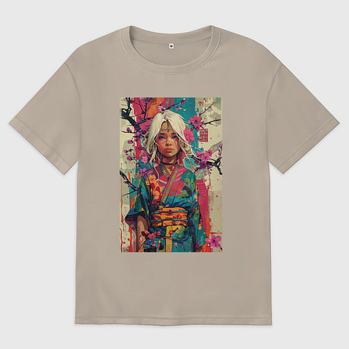 Мужская футболка оверсайз Белокурая индейская девушка в японском кимоно - жи / Миндальный – фото 1